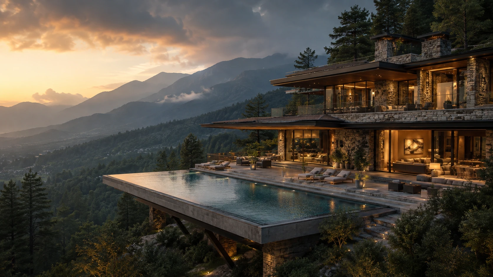 Conceptual luxury hillside retreat overlooking forested Himachal mountains and a mist-filled valley.