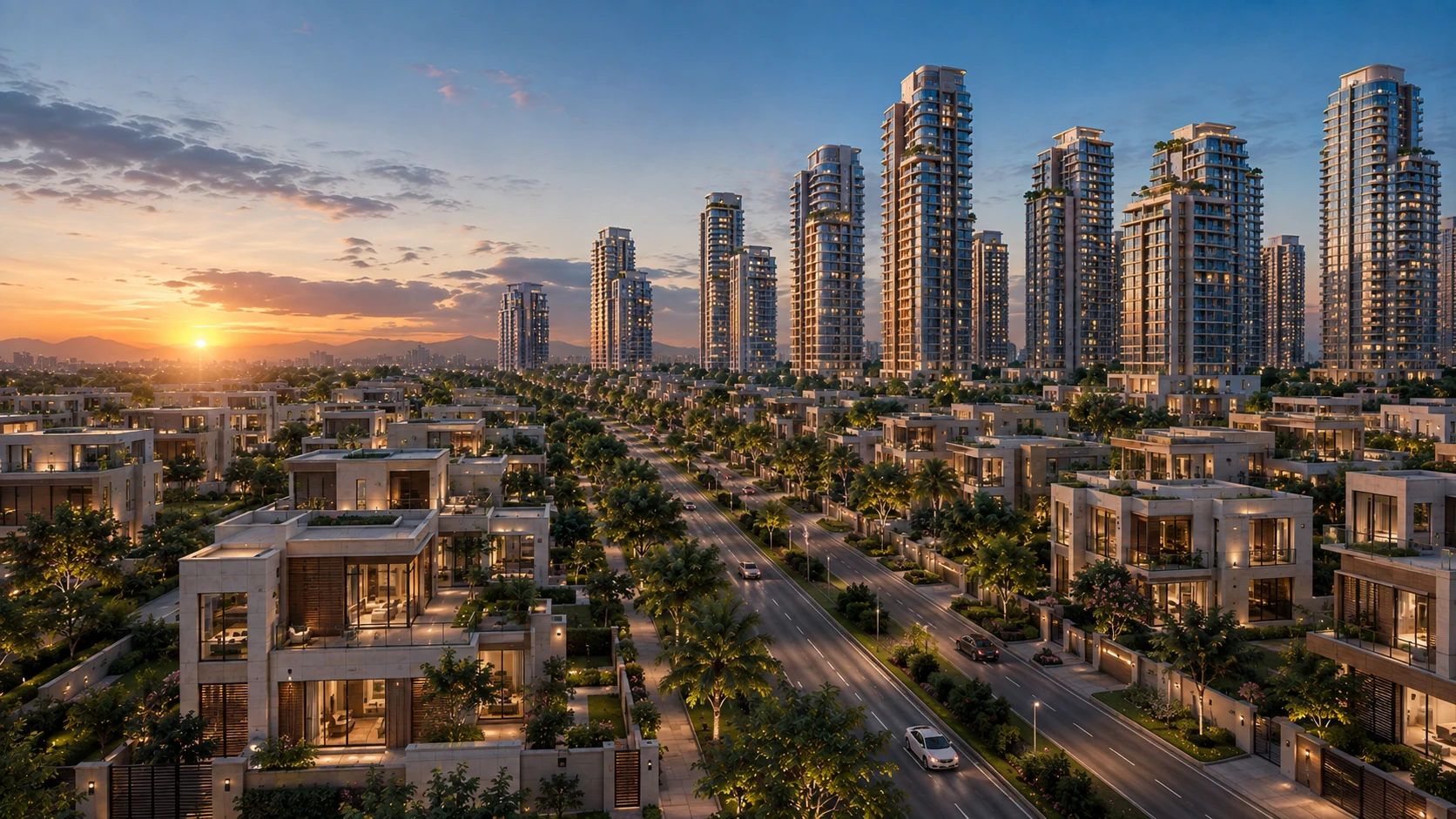 AI-created conceptual Mohali-inspired modern villa neighbourhood with a Dubai-inspired contemporary residential skyline; not the actual city or a development forecast.