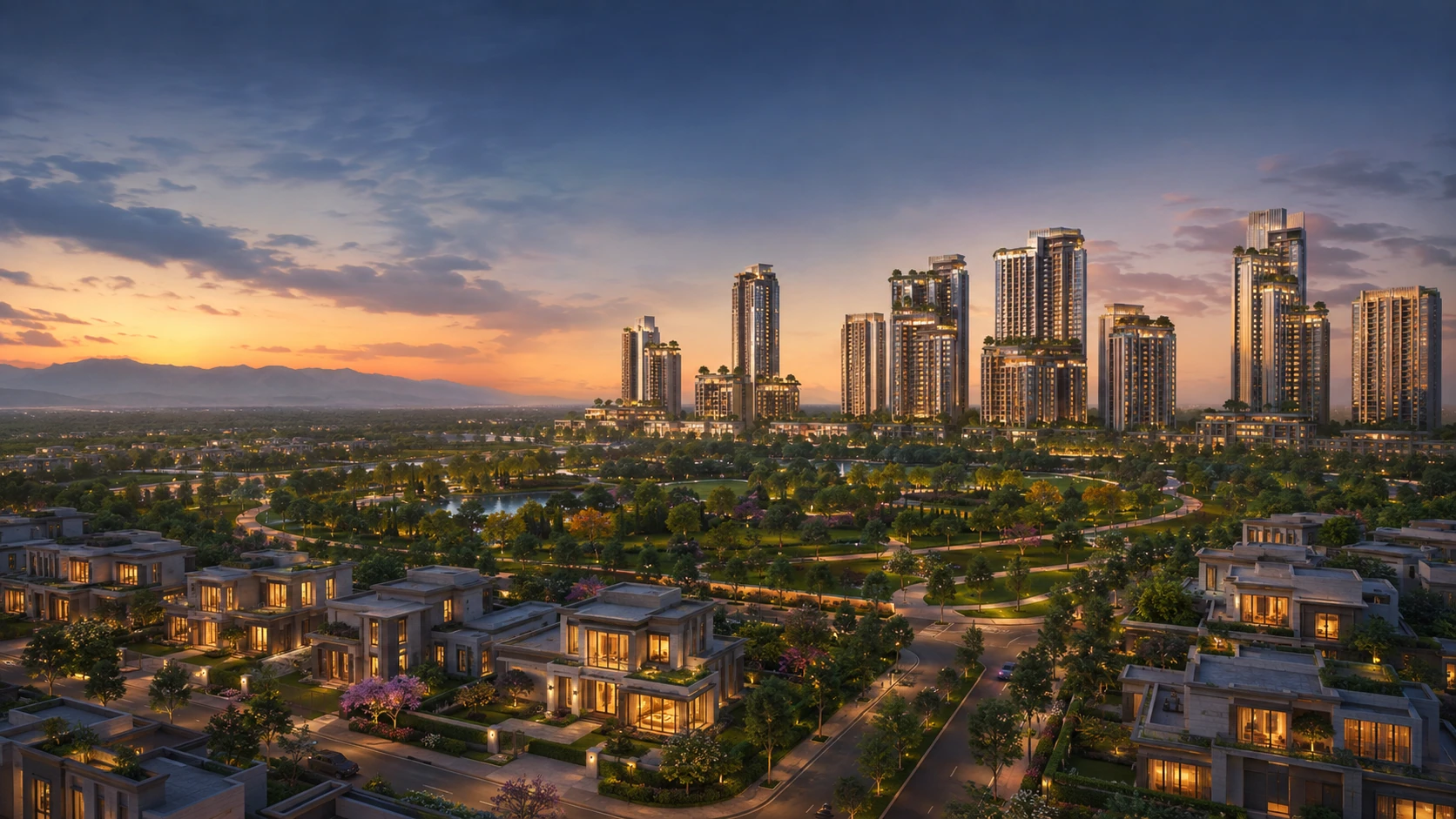 Conceptual green township with landscaped avenues, residential towers and distant Shivalik foothills.