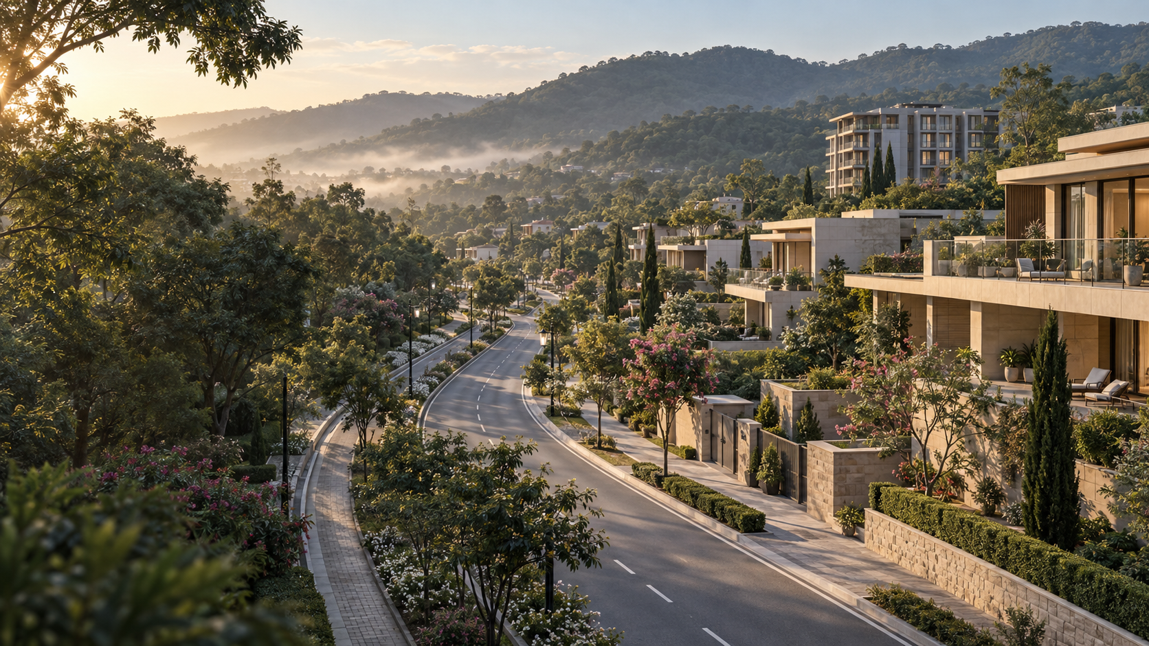 Conceptual planned Panchkula city neighbourhood with tree-lined roads and wooded Shivalik hills behind it.