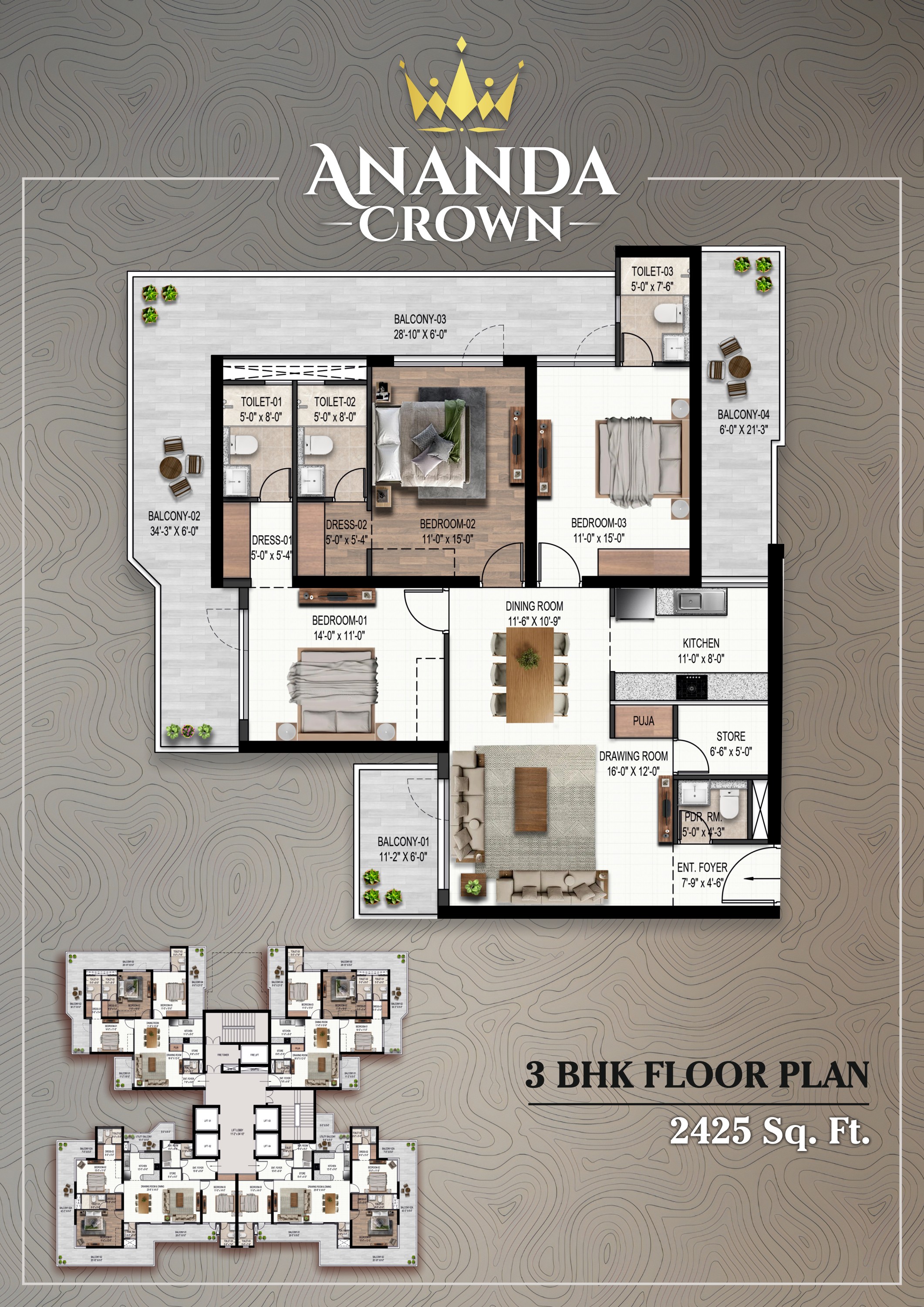 Ananda Crown · 3 BHK recorded layout