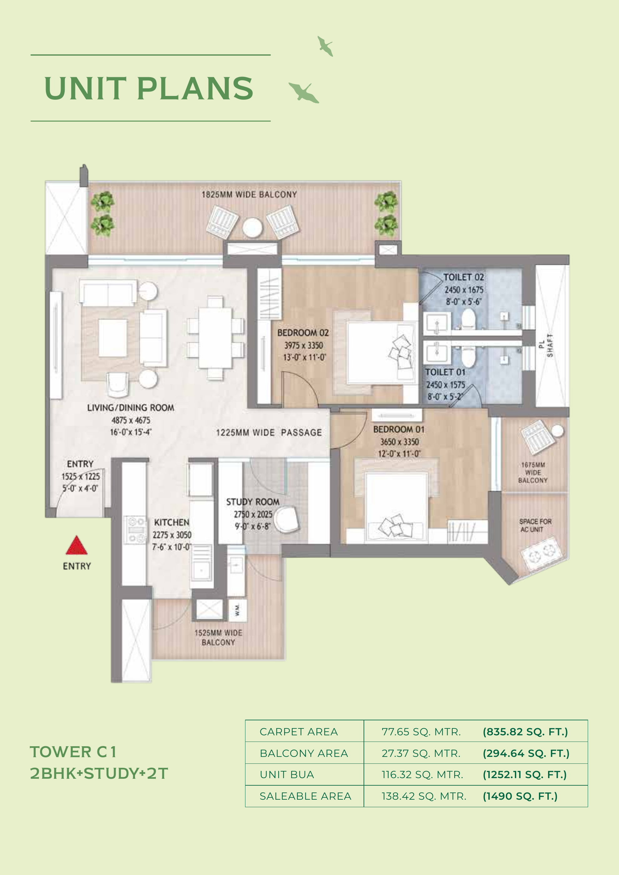 Hero Homes Sector 99 — Leafsong Retreat · 2 BHK + Study + 2T recorded layout