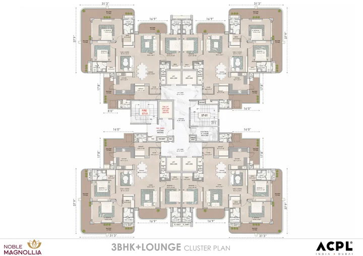 3 BHK + lounge cluster plan