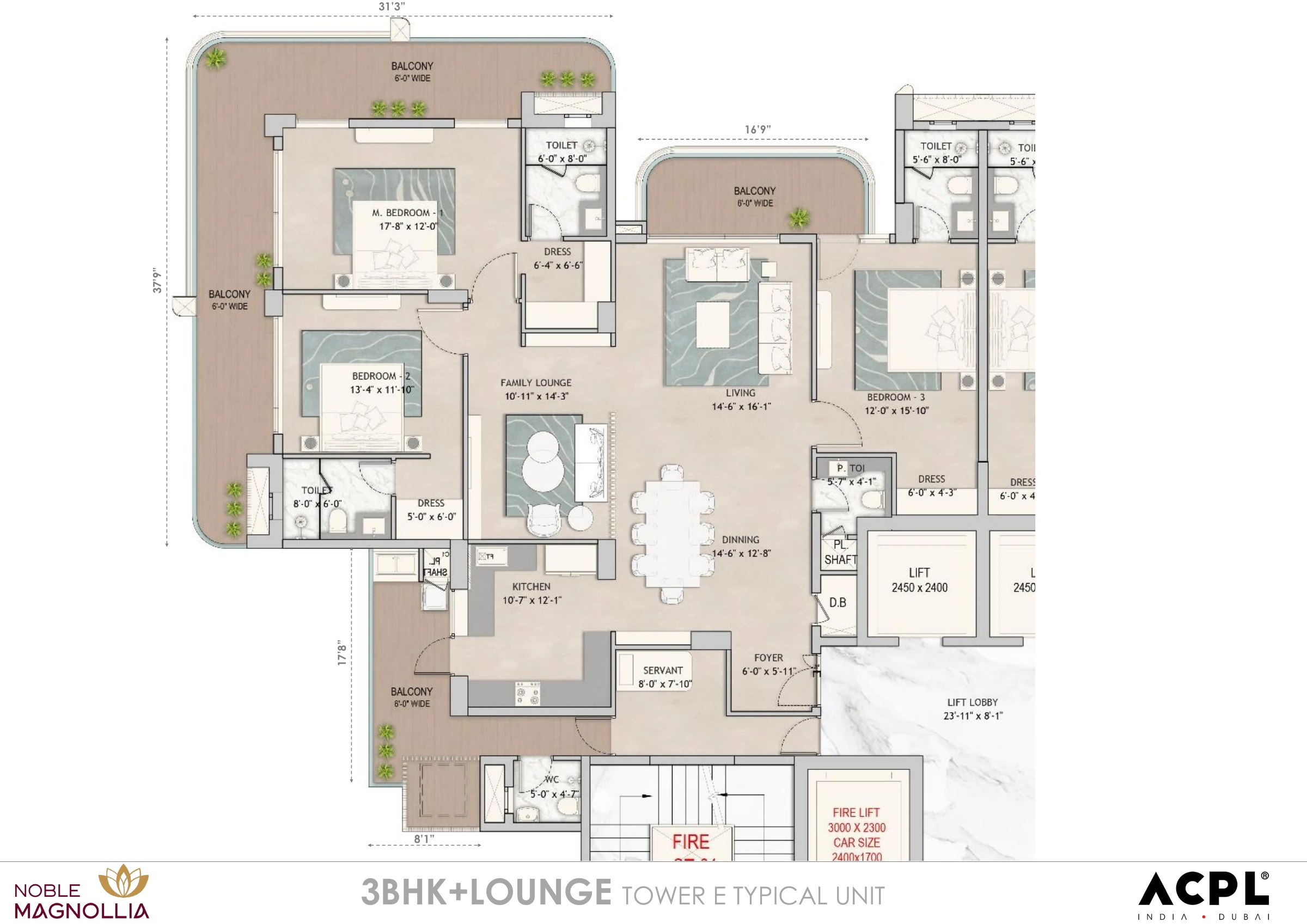 Noble Magnollia · 3 BHK + lounge recorded layout