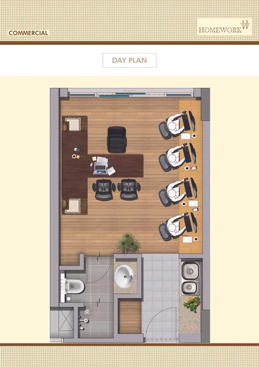 Commercial serviced studio · day layout