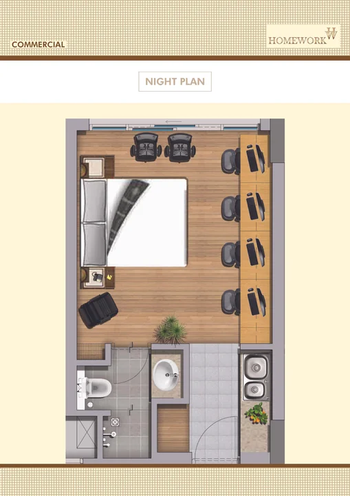 Commercial serviced studio · night layout